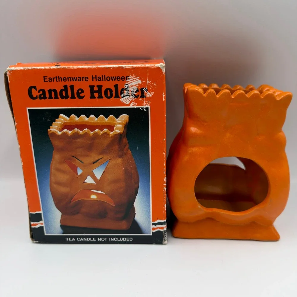 Vintage 1993 Four Star Earthenware Halloween Candle Holder Orange Jack O Lantern
